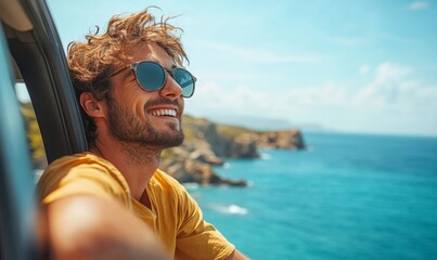 Happy young man on a road trip leaning out of the car window to see the coastal route and sea view , male enjoying roadtrip holidays on seaside road, Generative AI