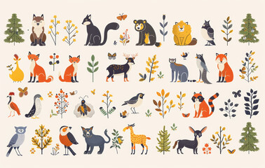 Fototapeta premium A collection of animals in a forest setting. The animals include a bear, a fox, a deer, a bird, and a cat