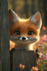 3D clipart of A delightful baby fox peeking from behind a wooden post