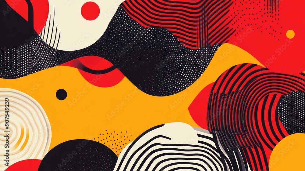 Poster abstract vector background with geometric shapes and wavy lines in bold, contrasting colors