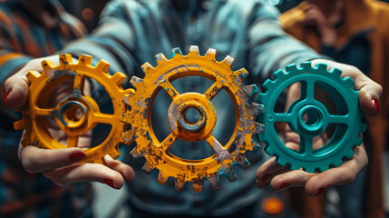 Close up of a team of business people holding metal cogwheel