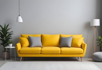 A modern yellow sofa with gray throw pillows in a minimalist living room setting