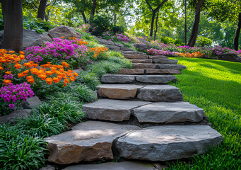 A stone path with a flower garden leading up to it. The flowers are in various colors and the path is made of large rocks