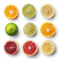 Fototapeta premium A vibrant arrangement of assorted citrus slices including orange, lemon, lime, and blood orange, set against a white background.