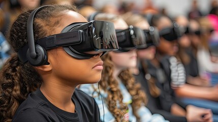 Group of diverse children using virtual reality headsets in a classroom setting, engaged in a digital learning experience.