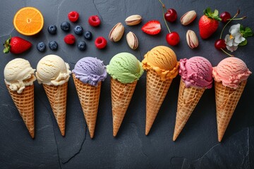 An array of colorful ice cream cones with different flavors, surrounded by fresh berries and nuts, placed on a dark slate background.