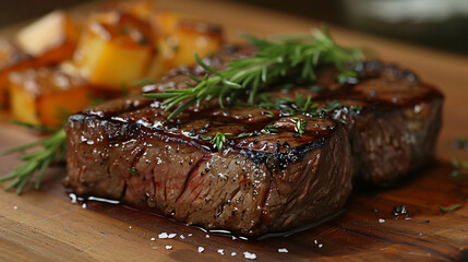 Close up of beef steak with port and foie grass 