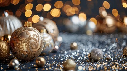 Fototapeta premium A beautiful New Year-themed frame with glittering ornaments and bokeh lights.