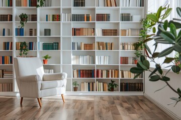 White coworking office corner with bookshelves, Generative AI