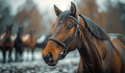 Fototapeta premium A brown horse with a black bridle is standing in a field. The horse is looking at the camera