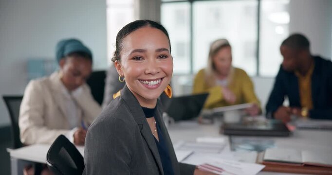 Boardroom, face and woman with smile, group and proud of presentation, strategy and desk with paperwork. Confident, portrait and leader of business of publicist agency, people or colleagues in office
