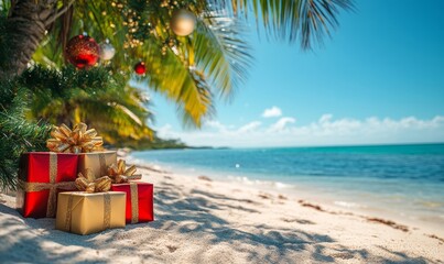 Christmas in southern hemisphere with a palm tree with christmas decorations and gift boxes on tropical beach with white sand and beautiful blue sea view and copy, Generative AI