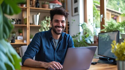 Smiling young man working from home office, sitting at desk using laptop computer for online communication and remote work.