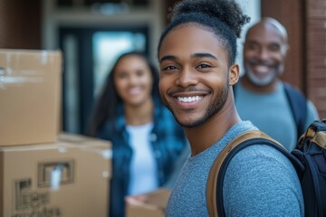 African american black college student moving to dorm with parents helping with moving crates, Generative AI