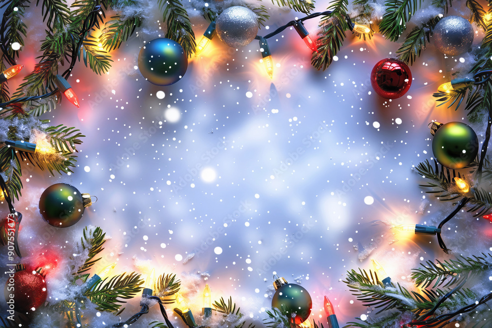 Wall mural christmas and new years background with fir branches and ornaments with string lights in frame and a