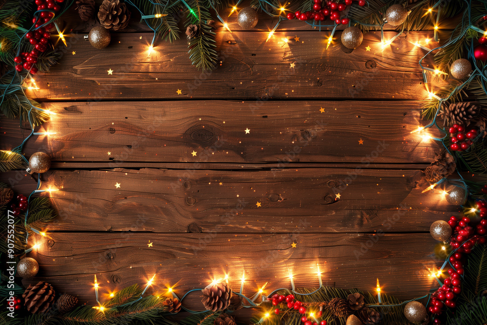 Wall mural christmas background with fir branches, decorations and string lights in the frame and an empty spac
