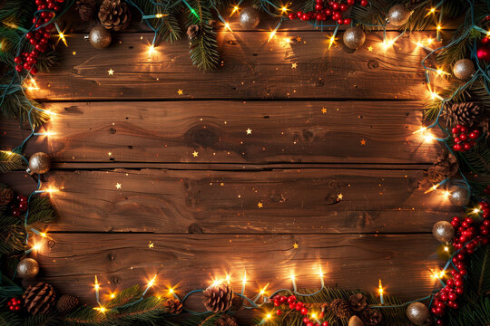 Christmas background with fir branches, decorations and string lights in the frame and an empty space for content on rustic wooden table. Top view