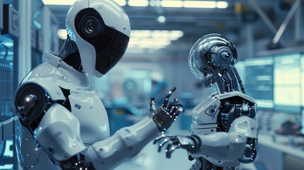 Fototapeta premium Futuristic cyberpunk robots and AI, featuring advanced technology, autonomous systems, and high-tech innovation, highlight self-sufficient machines and digital development in a science fiction setting