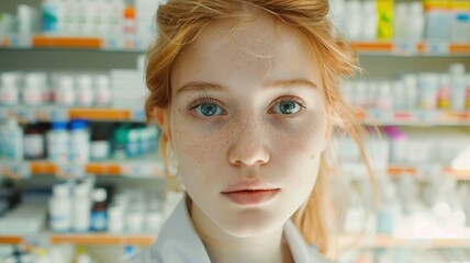 Compassionate close-up portrait of a young Estonian female doctor with a focused expression in a clinical setting
