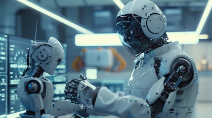 Fototapeta premium An AI robot calculating and thinking autonomously, showcasing futuristic technology and innovation. Ideal for topics on cyberpunk, advanced robotics, and the future of artificial intelligence.