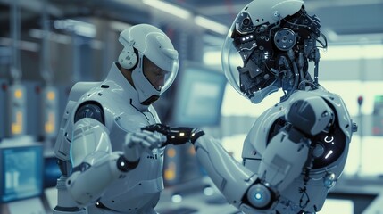 A futuristic cyberpunk scene showcasing advanced robots and AI technology, highlighting autonomous systems, innovation, and modern engineering concepts.