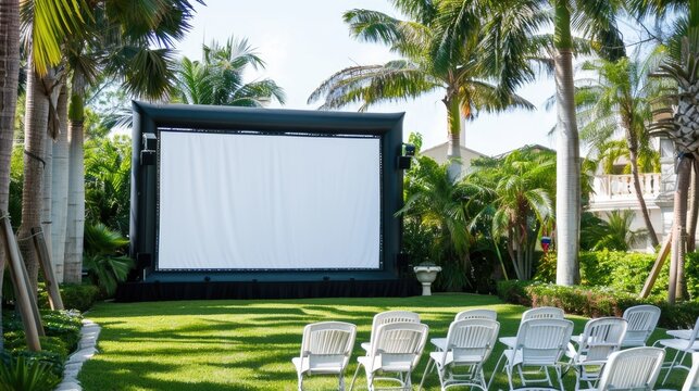 A white projection screen against a backdrop of palm trees and a green lawn.