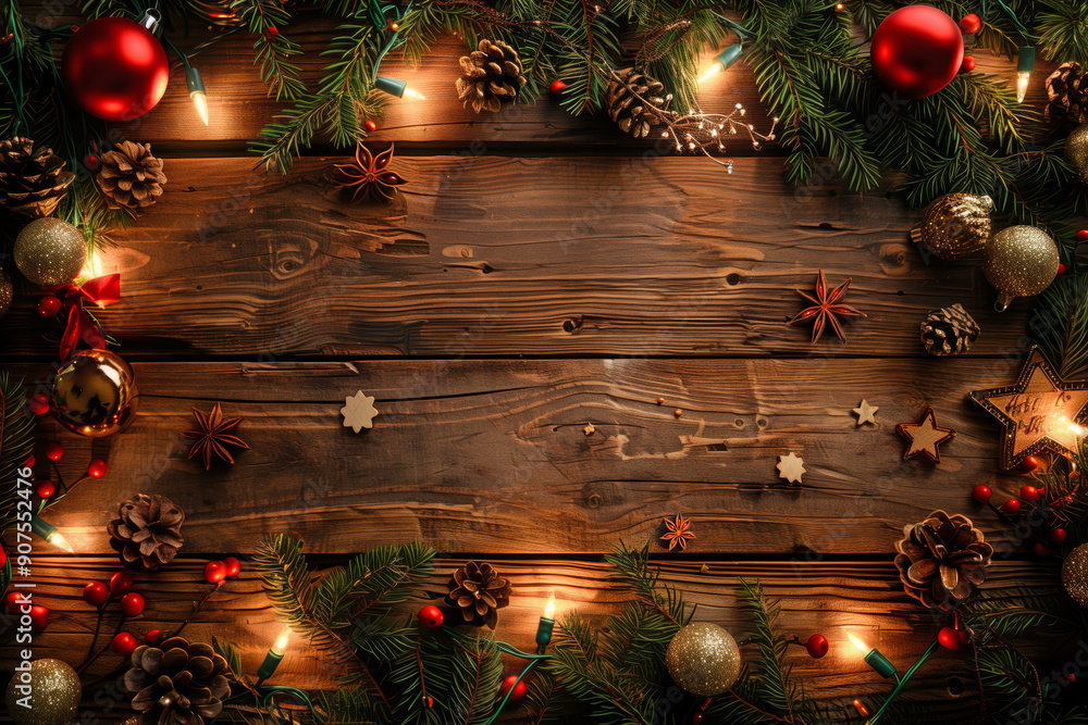 Wall mural christmas background with fir branches, decorations and string lights in the frame and an empty spac