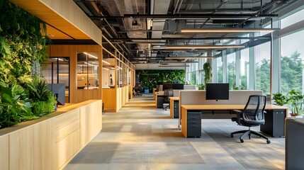 An office space with abundant natural light and wooden elements. 