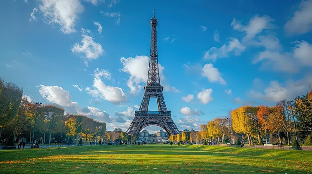 clear, daytime view of the Eiffel Tower with a bright blue sky, showcasing its prominent position and the clarity of its structure.