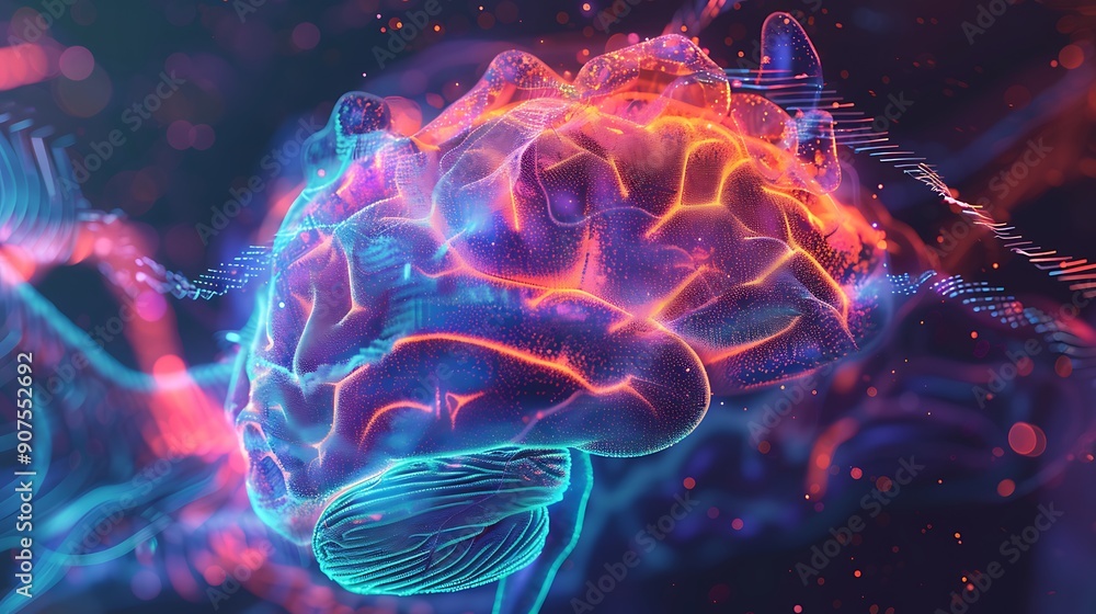 Poster digital illustration of a brain with neon lights and glowing particles. it is an abstract representa