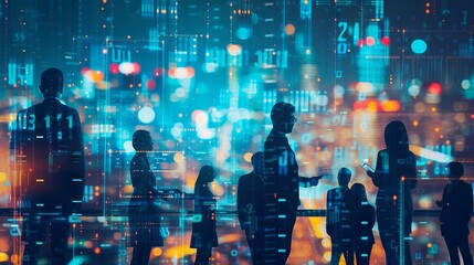 Imaginative visual depicting business professionals and financial firms staff engaged in enterprise resource planning (ERP) and digital technology solutions for advanced human resources management