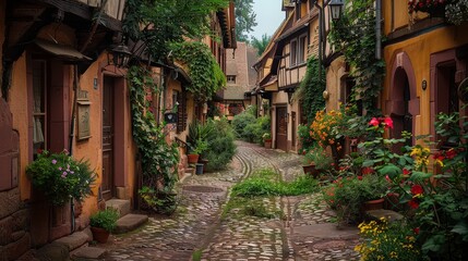 Fototapeta premium quaint, traditional village in Alsace with half-timbered houses, flower-lined streets, and cobblestone paths, showcasing the regionâ€™s unique architectural charm.