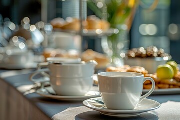 Fototapeta premium Elegant coffee setup in a modern cafe with cups, saucers, and treats, set on a table.