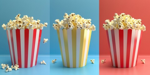 Three images of a cartoon-style popcorn box against various backdrops. 3d rendering, Generative AI