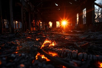 Obraz premium A soft glow amidst soot and cinders highlights the somber aftermath of a fire. 