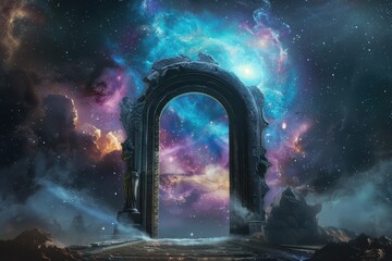 An Ancient Stone Archway Leading into a Starry Cosmos
