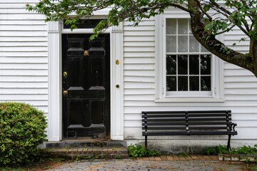 Fototapeta premium Black front door of white house, tree and bench, Generative AI