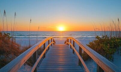 Obraz premium Long boardwalk leading to the white sand beach and ocean water at sunset with few shrubs on sides, Generative AI