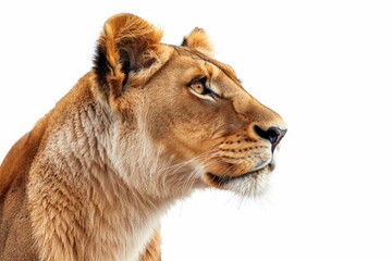 Obraz premium Close-up of two lionesses looking attentively with a white background.
