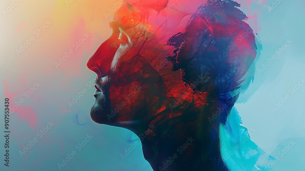 Poster abstract with vibrant colors depicting a man's face in profile. the image creates a sense of depth a