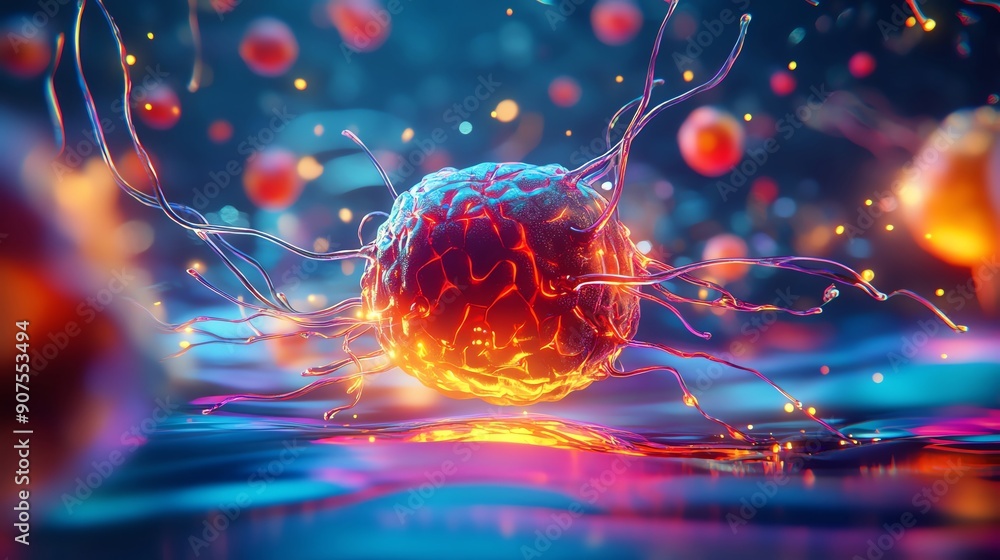 Poster vibrant and colorful depiction of a single cell in a dynamic environment, showcasing intricate detai