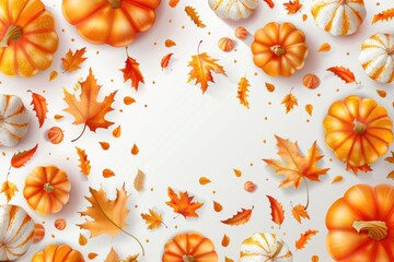 A collection of pumpkins and autumn leaves arranged on a white surface