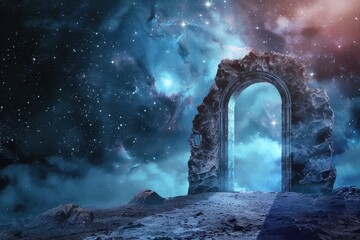 Stone Archway Leading to a Starry Cosmic Landscape