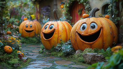 Cartoonish pumpkins with exaggerated features in a whimsical garden setting
