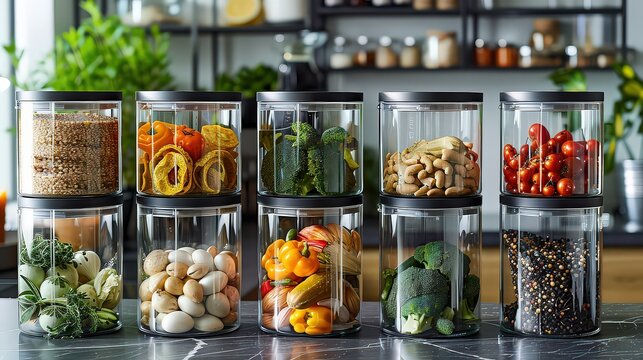 sleek display of contemporary food storage containers made from glass or BPA-free plastic, showcasing their versatility and airtight features.
