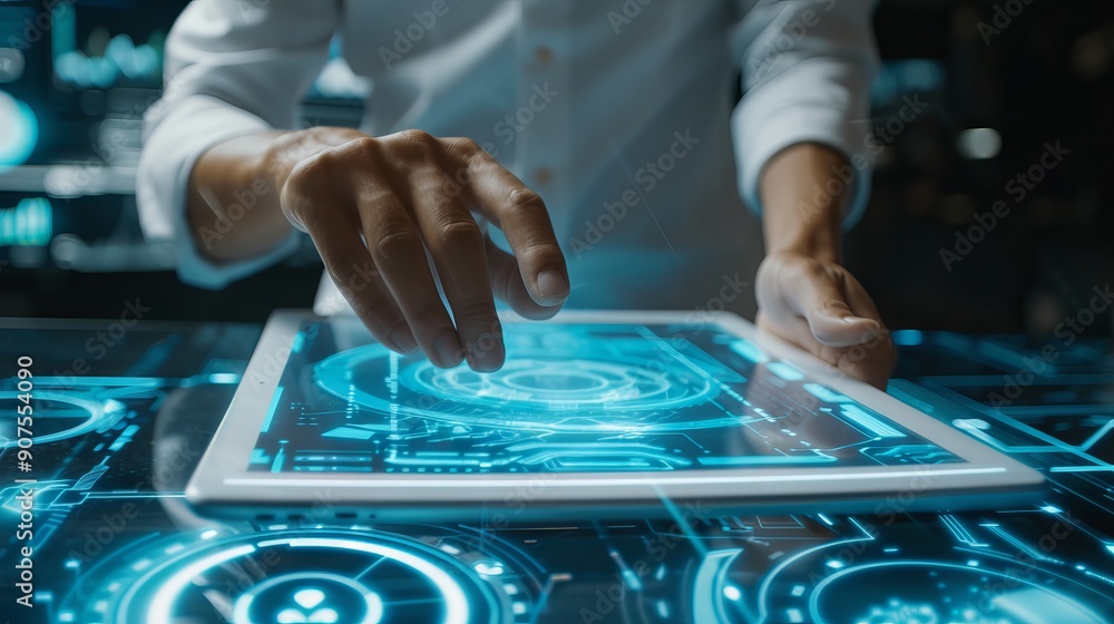 Aufkleber futuristic businessman using advanced digital tablet to visualize and plan innovative project in a m