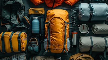  clean, minimalistic illustration of essential travel gear like a backpack, travel pillow, and water bottle, emphasizing functionality and simplicity.