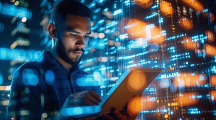 Futuristic businessman using advanced digital tablet to visualize and plan innovative project in a modern high-tech environment