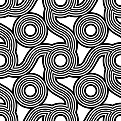 Seamless repeating pattern with a decorative grid made of black and white striped geometric shapes. Abstract Circles design in a modern optical style.