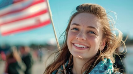 An excited young athlete waves the American flag under blue skies, celebrating success and freedom with a bright smile.